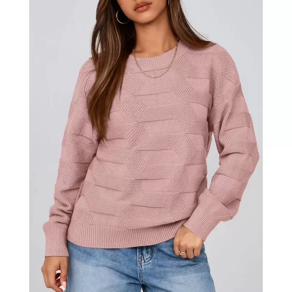 BTFBM Casual Women 2024 Fall Sweater Long Sleeve Ribbed Knit Pullover Loose Solid Crewneck Jumper TopsSolid Dusty Pink