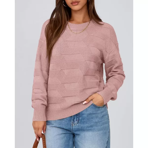BTFBM Casual Women 2024 Fall Sweater Long Sleeve Ribbed Knit Pullover Loose Solid Crewneck Jumper TopsSolid Dusty Pink