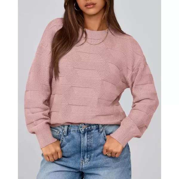 BTFBM Casual Women 2024 Fall Sweater Long Sleeve Ribbed Knit Pullover Loose Solid Crewneck Jumper TopsSolid Dusty Pink