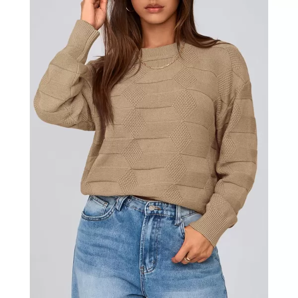 BTFBM Casual Women 2024 Fall Sweater Long Sleeve Ribbed Knit Pullover Loose Solid Crewneck Jumper TopsSolid Khaki