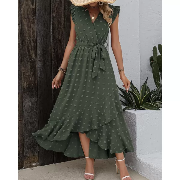 BTFBM Women 2024 Summer V Neck Dress Cap Sleeve Swiss Dot Boho Ruffle Slit Beach Cocktail Party Flowy Long Maxi DressesSwiss Dot Army Green