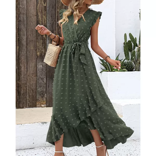 BTFBM Women 2024 Summer V Neck Dress Cap Sleeve Swiss Dot Boho Ruffle Slit Beach Cocktail Party Flowy Long Maxi DressesSwiss Dot Army Green