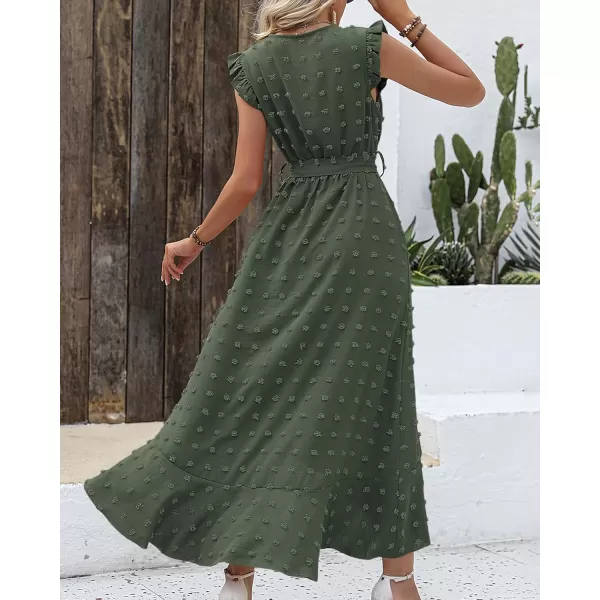 BTFBM Women 2024 Summer V Neck Dress Cap Sleeve Swiss Dot Boho Ruffle Slit Beach Cocktail Party Flowy Long Maxi DressesSwiss Dot Army Green