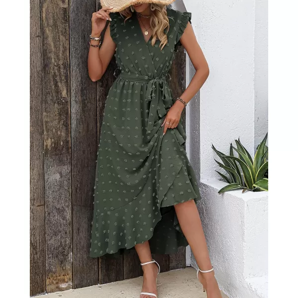 BTFBM Women 2024 Summer V Neck Dress Cap Sleeve Swiss Dot Boho Ruffle Slit Beach Cocktail Party Flowy Long Maxi DressesSwiss Dot Army Green