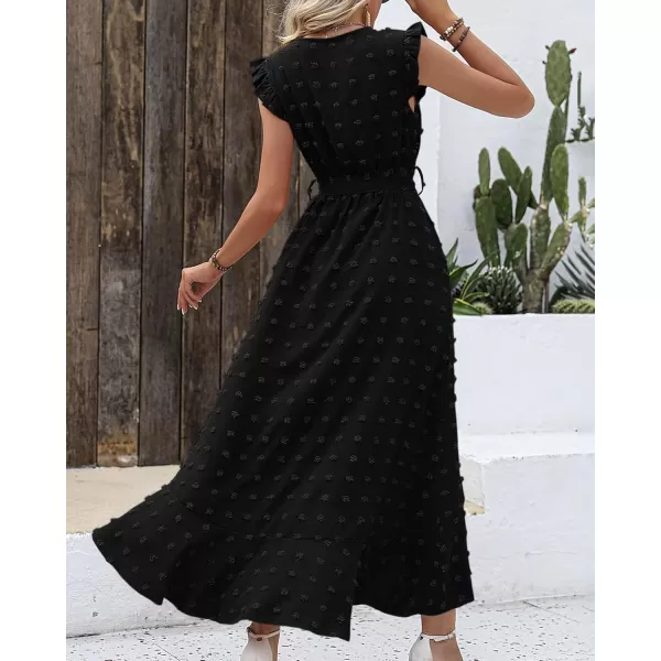 BTFBM Women 2024 Summer V Neck Dress Cap Sleeve Swiss Dot Boho Ruffle Slit Beach Cocktail Party Flowy Long Maxi DressesSwiss Dot Black
