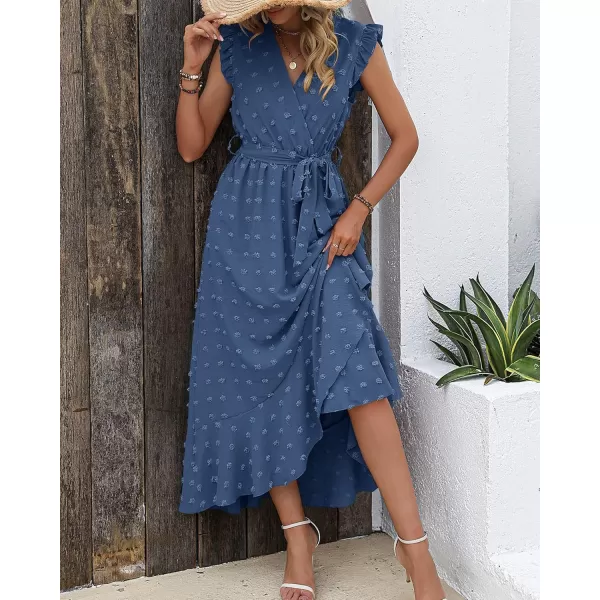 BTFBM Women 2024 Summer V Neck Dress Cap Sleeve Swiss Dot Boho Ruffle Slit Beach Cocktail Party Flowy Long Maxi DressesSwiss Dot Blue