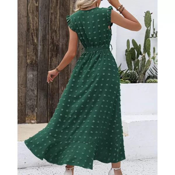 BTFBM Women 2024 Summer V Neck Dress Cap Sleeve Swiss Dot Boho Ruffle Slit Beach Cocktail Party Flowy Long Maxi DressesSwiss Dot Dark Green