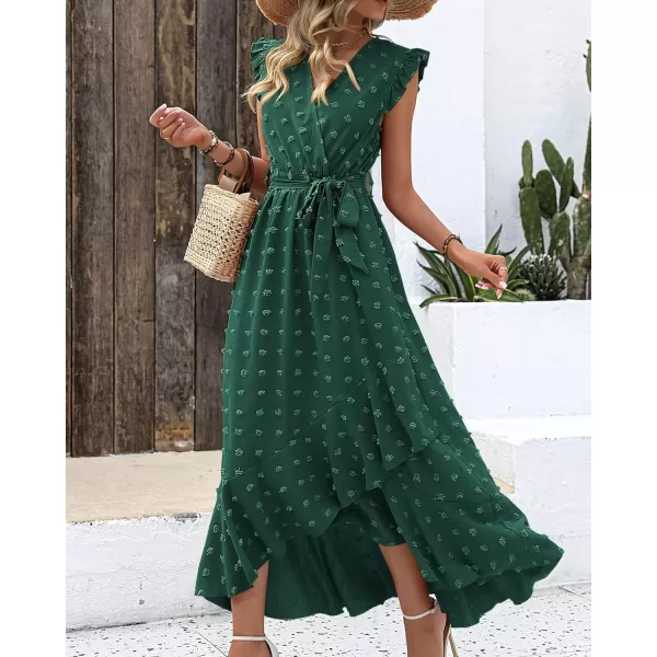 BTFBM Women 2024 Summer V Neck Dress Cap Sleeve Swiss Dot Boho Ruffle Slit Beach Cocktail Party Flowy Long Maxi DressesSwiss Dot Dark Green