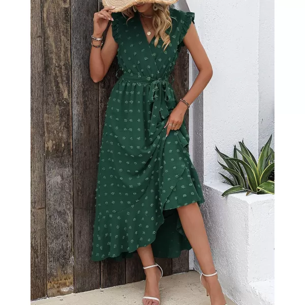 BTFBM Women 2024 Summer V Neck Dress Cap Sleeve Swiss Dot Boho Ruffle Slit Beach Cocktail Party Flowy Long Maxi DressesSwiss Dot Dark Green