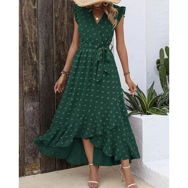 BTFBM Women 2024 Summer V Neck Dress Cap Sleeve Swiss Dot Boho Ruffle Slit Beach Cocktail Party Flowy Long Maxi DressesSwiss Dot Dark Green
