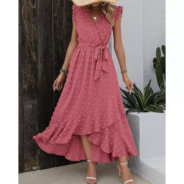 BTFBM Women 2024 Summer V Neck Dress Cap Sleeve Swiss Dot Boho Ruffle Slit Beach Cocktail Party Flowy Long Maxi DressesSwiss Dot Pink