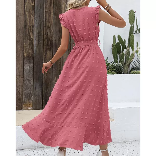 BTFBM Women 2024 Summer V Neck Dress Cap Sleeve Swiss Dot Boho Ruffle Slit Beach Cocktail Party Flowy Long Maxi DressesSwiss Dot Pink
