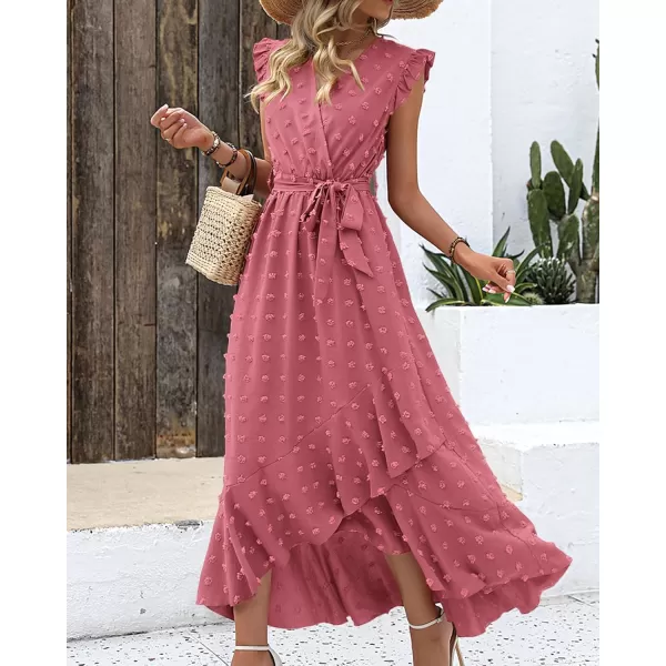 BTFBM Women 2024 Summer V Neck Dress Cap Sleeve Swiss Dot Boho Ruffle Slit Beach Cocktail Party Flowy Long Maxi DressesSwiss Dot Pink