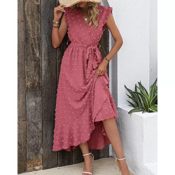 BTFBM Women 2024 Summer V Neck Dress Cap Sleeve Swiss Dot Boho Ruffle Slit Beach Cocktail Party Flowy Long Maxi DressesSwiss Dot Pink