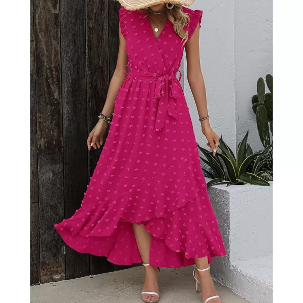 BTFBM Women 2024 Summer V Neck Dress Cap Sleeve Swiss Dot Boho Ruffle Slit Beach Cocktail Party Flowy Long Maxi DressesSwiss Dot Rose Red