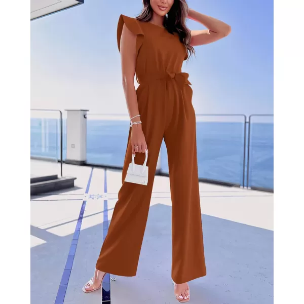 BTFBM Women Jumpsuits Crew Neck Ruffle Cap Sleeve Belted High Waist Wide Leg Romper with Pockets One Piece Casual OutfitsSolid Rust Red
