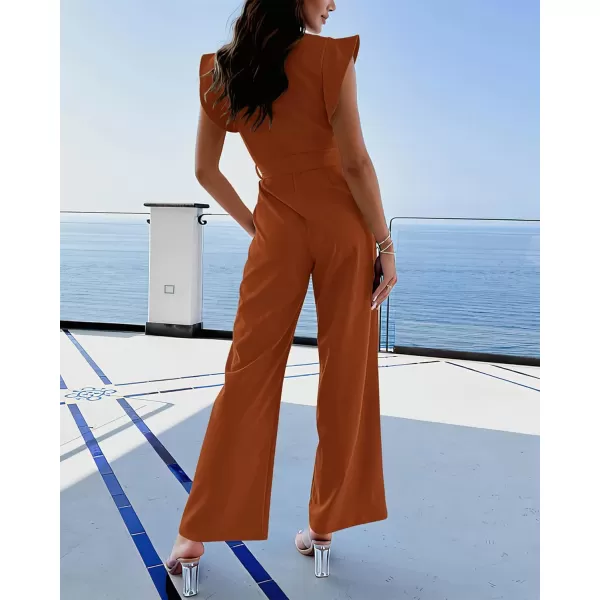 BTFBM Women Jumpsuits Crew Neck Ruffle Cap Sleeve Belted High Waist Wide Leg Romper with Pockets One Piece Casual OutfitsSolid Rust Red