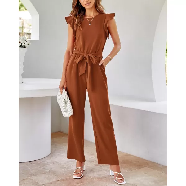 BTFBM Women Jumpsuits Crew Neck Ruffle Cap Sleeve Belted High Waist Wide Leg Romper with Pockets One Piece Casual OutfitsSolid Rust Red