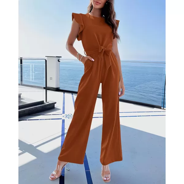BTFBM Women Jumpsuits Crew Neck Ruffle Cap Sleeve Belted High Waist Wide Leg Romper with Pockets One Piece Casual OutfitsSolid Rust Red