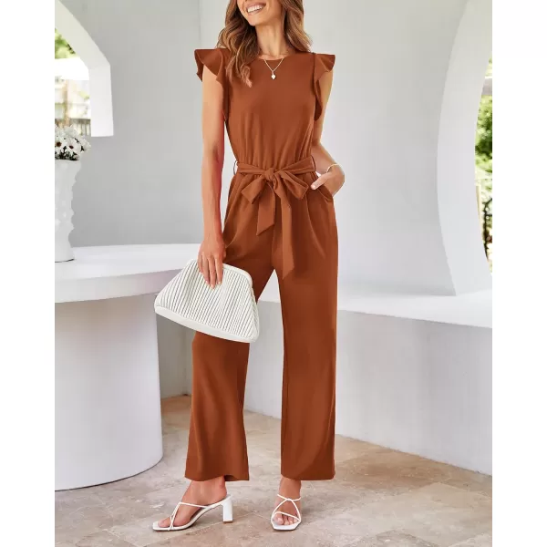 BTFBM Women Jumpsuits Crew Neck Ruffle Cap Sleeve Belted High Waist Wide Leg Romper with Pockets One Piece Casual OutfitsSolid Rust Red