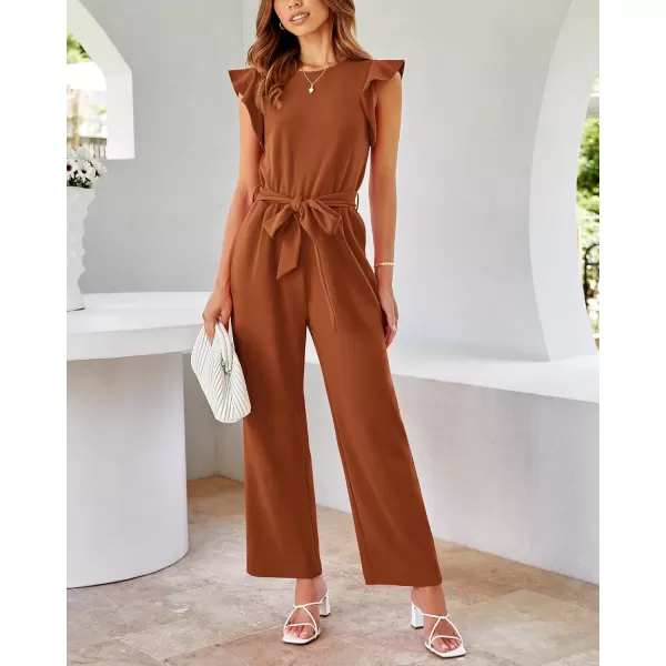 BTFBM Women Jumpsuits Crew Neck Ruffle Cap Sleeve Belted High Waist Wide Leg Romper with Pockets One Piece Casual OutfitsSolid Rust Red