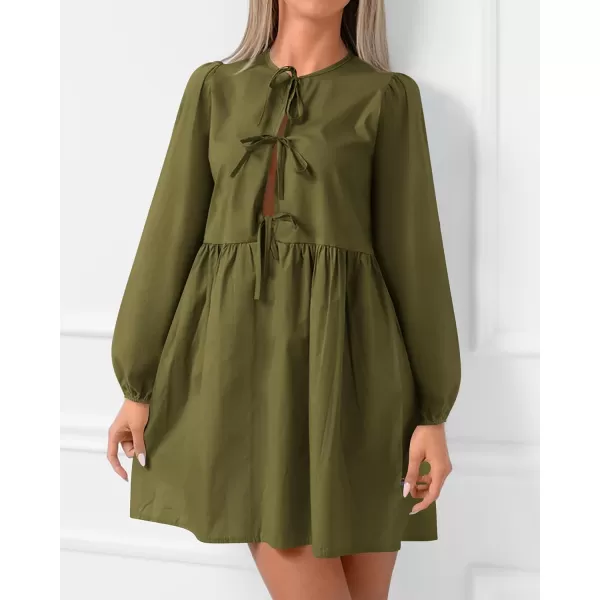 BTFBM Womens 2024 Fall Dresses Long Puff Sleeve Bow Tie Front Y2k Babydoll A Line Casual Cute Mini Dress with PocketsSolid Army Green