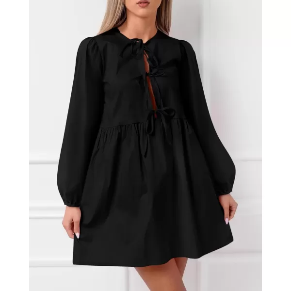 BTFBM Womens 2024 Fall Dresses Long Puff Sleeve Bow Tie Front Y2k Babydoll A Line Casual Cute Mini Dress with PocketsSolid Black
