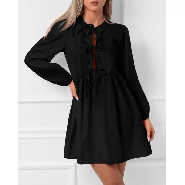 BTFBM Womens 2024 Fall Dresses Long Puff Sleeve Bow Tie Front Y2k Babydoll A Line Casual Cute Mini Dress with PocketsSolid Black
