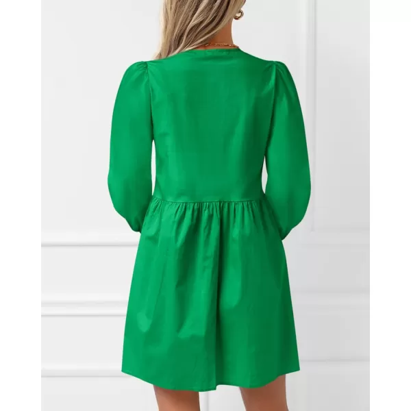 BTFBM Womens 2024 Fall Dresses Long Puff Sleeve Bow Tie Front Y2k Babydoll A Line Casual Cute Mini Dress with PocketsSolid Green
