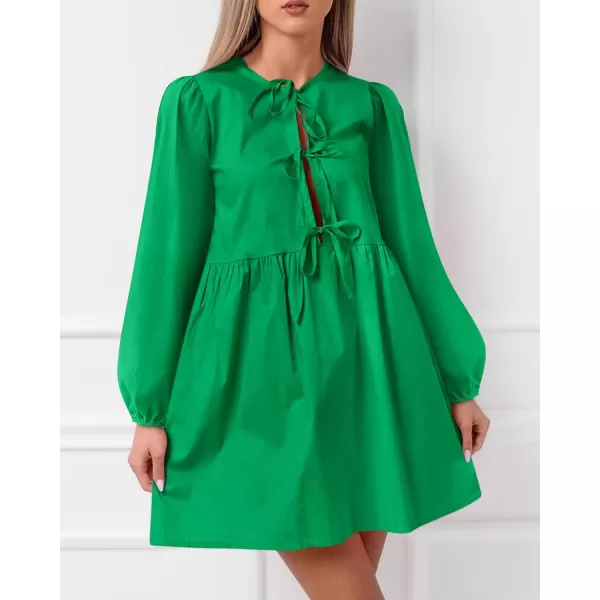BTFBM Womens 2024 Fall Dresses Long Puff Sleeve Bow Tie Front Y2k Babydoll A Line Casual Cute Mini Dress with PocketsSolid Green