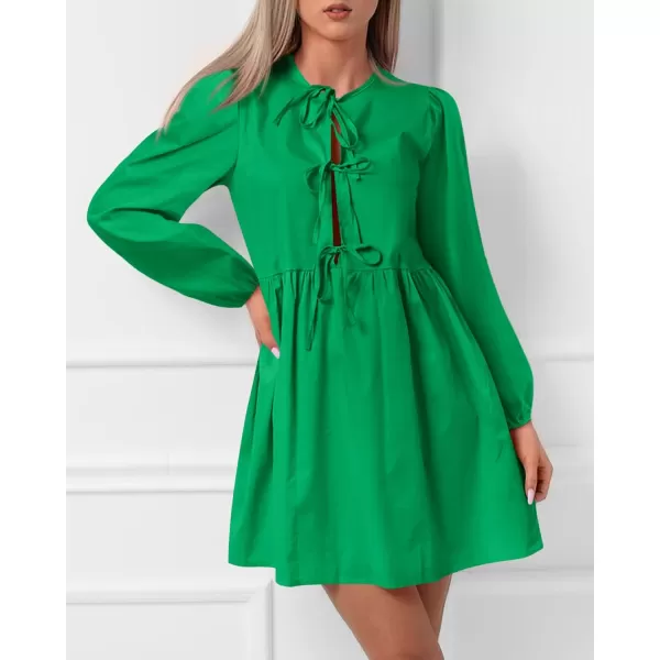 BTFBM Womens 2024 Fall Dresses Long Puff Sleeve Bow Tie Front Y2k Babydoll A Line Casual Cute Mini Dress with PocketsSolid Green
