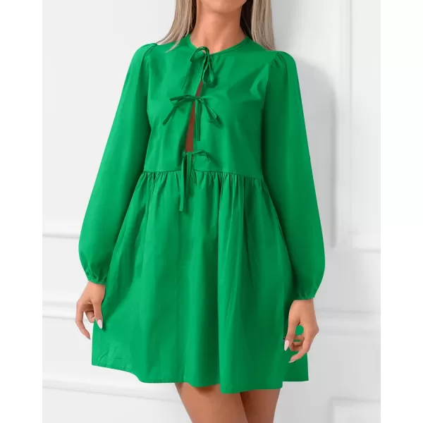 BTFBM Womens 2024 Fall Dresses Long Puff Sleeve Bow Tie Front Y2k Babydoll A Line Casual Cute Mini Dress with PocketsSolid Green