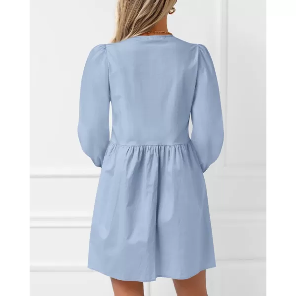 BTFBM Womens 2024 Fall Dresses Long Puff Sleeve Bow Tie Front Y2k Babydoll A Line Casual Cute Mini Dress with PocketsSolid Light Blue