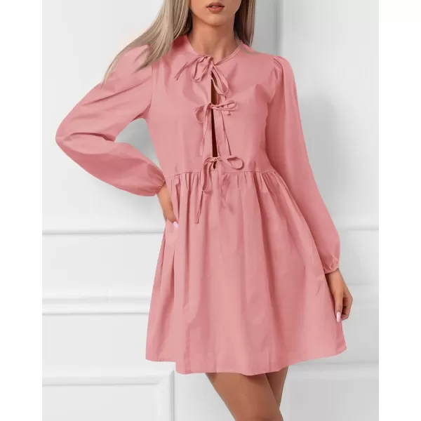 BTFBM Womens 2024 Fall Dresses Long Puff Sleeve Bow Tie Front Y2k Babydoll A Line Casual Cute Mini Dress with PocketsSolid Pink