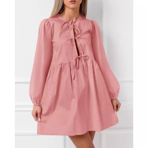 BTFBM Womens 2024 Fall Dresses Long Puff Sleeve Bow Tie Front Y2k Babydoll A Line Casual Cute Mini Dress with PocketsSolid Pink