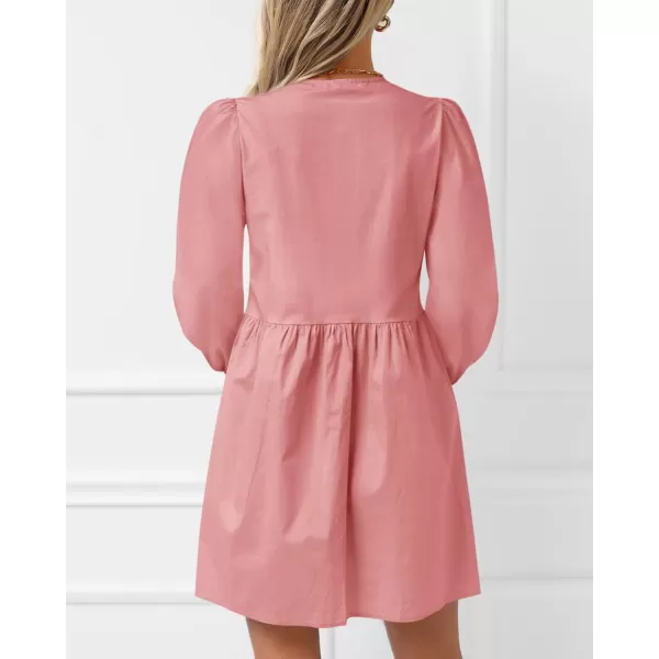 BTFBM Womens 2024 Fall Dresses Long Puff Sleeve Bow Tie Front Y2k Babydoll A Line Casual Cute Mini Dress with PocketsSolid Pink