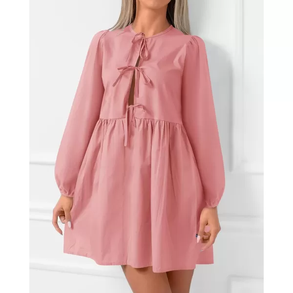 BTFBM Womens 2024 Fall Dresses Long Puff Sleeve Bow Tie Front Y2k Babydoll A Line Casual Cute Mini Dress with PocketsSolid Pink