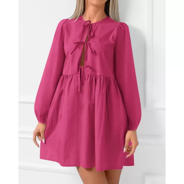 BTFBM Womens 2024 Fall Dresses Long Puff Sleeve Bow Tie Front Y2k Babydoll A Line Casual Cute Mini Dress with PocketsSolid Rose Red