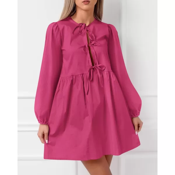 BTFBM Womens 2024 Fall Dresses Long Puff Sleeve Bow Tie Front Y2k Babydoll A Line Casual Cute Mini Dress with PocketsSolid Rose Red
