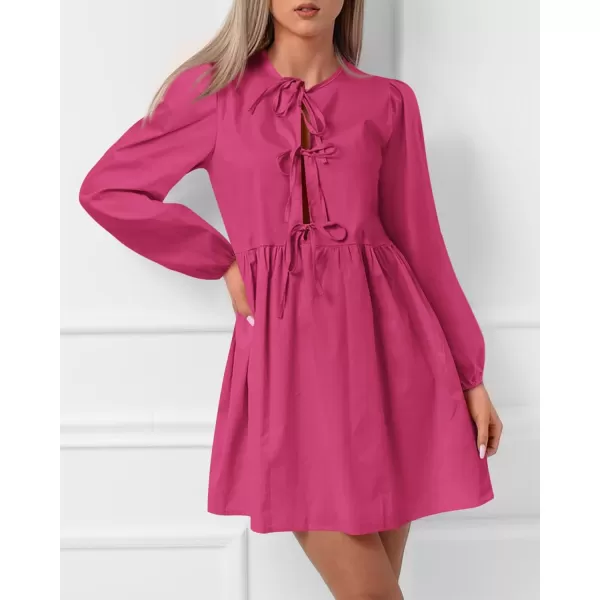 BTFBM Womens 2024 Fall Dresses Long Puff Sleeve Bow Tie Front Y2k Babydoll A Line Casual Cute Mini Dress with PocketsSolid Rose Red