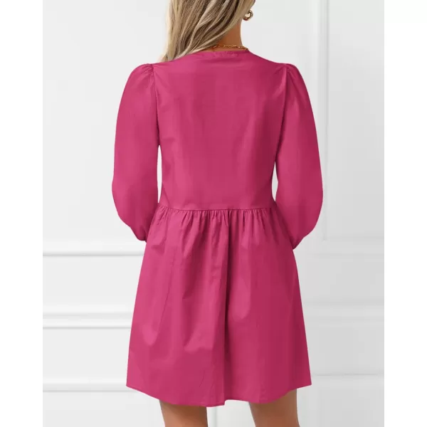 BTFBM Womens 2024 Fall Dresses Long Puff Sleeve Bow Tie Front Y2k Babydoll A Line Casual Cute Mini Dress with PocketsSolid Rose Red