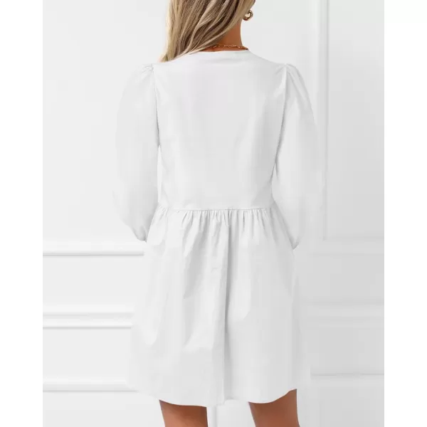BTFBM Womens 2024 Fall Dresses Long Puff Sleeve Bow Tie Front Y2k Babydoll A Line Casual Cute Mini Dress with PocketsSolid White