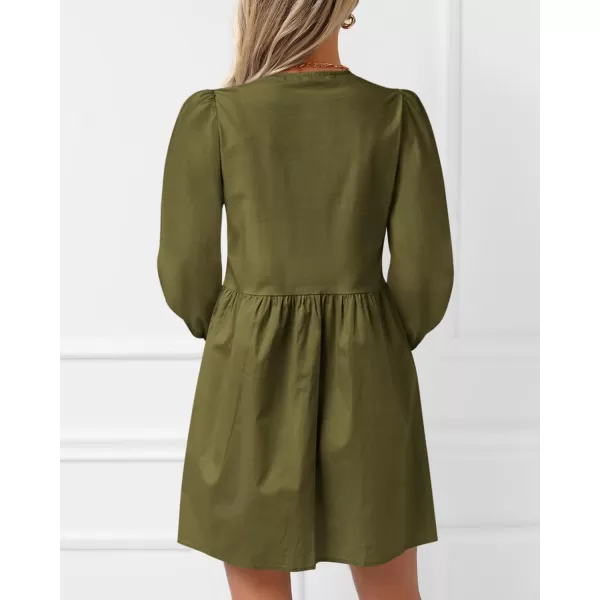 BTFBM Womens 2024 Fall Dresses Long Puff Sleeve Bow Tie Front Y2k Babydoll Peplum A Line Casual Cute Mini Tunic DressSolid Army Green