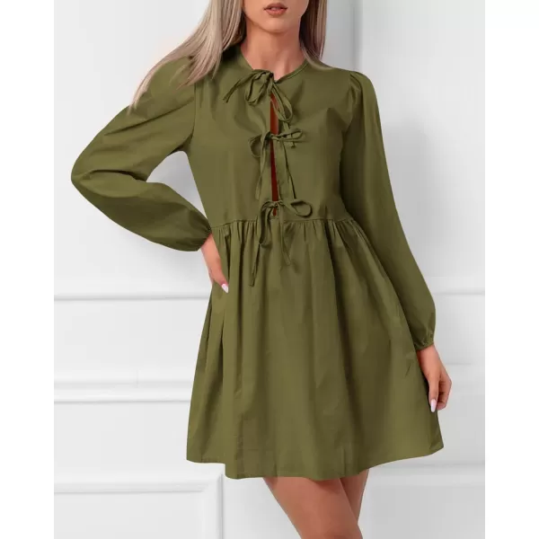 BTFBM Womens 2024 Fall Dresses Long Puff Sleeve Bow Tie Front Y2k Babydoll Peplum A Line Casual Cute Mini Tunic DressSolid Army Green