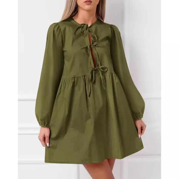 BTFBM Womens 2024 Fall Dresses Long Puff Sleeve Bow Tie Front Y2k Babydoll Peplum A Line Casual Cute Mini Tunic DressSolid Army Green