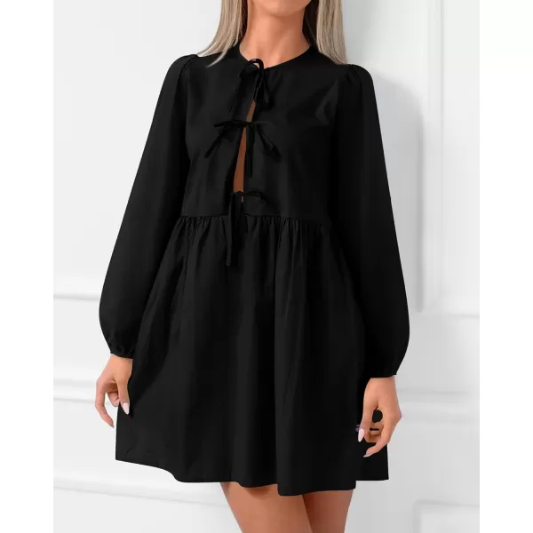 BTFBM Womens 2024 Fall Dresses Long Puff Sleeve Bow Tie Front Y2k Babydoll Peplum A Line Casual Cute Mini Tunic DressSolid Black