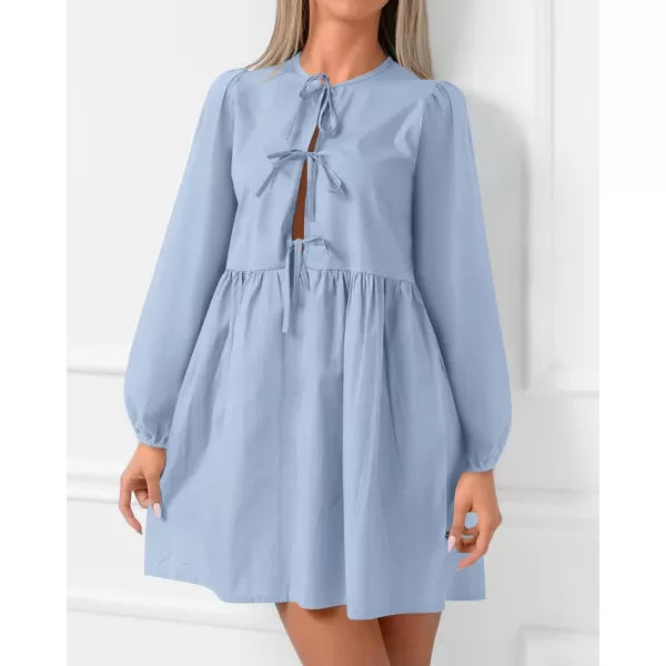 BTFBM Womens 2024 Fall Dresses Long Puff Sleeve Bow Tie Front Y2k Babydoll Peplum A Line Casual Cute Mini Tunic DressSolid Light Blue