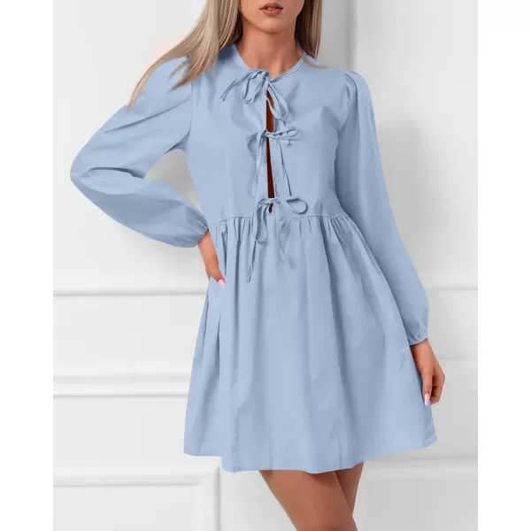 BTFBM Womens 2024 Fall Dresses Long Puff Sleeve Bow Tie Front Y2k Babydoll Peplum A Line Casual Cute Mini Tunic DressSolid Light Blue