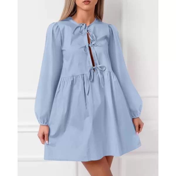 BTFBM Womens 2024 Fall Dresses Long Puff Sleeve Bow Tie Front Y2k Babydoll Peplum A Line Casual Cute Mini Tunic DressSolid Light Blue