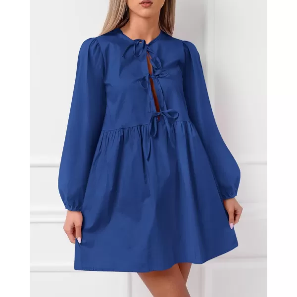 BTFBM Womens 2024 Fall Dresses Long Puff Sleeve Bow Tie Front Y2k Babydoll Peplum A Line Casual Cute Mini Tunic DressSolid Royal Blue